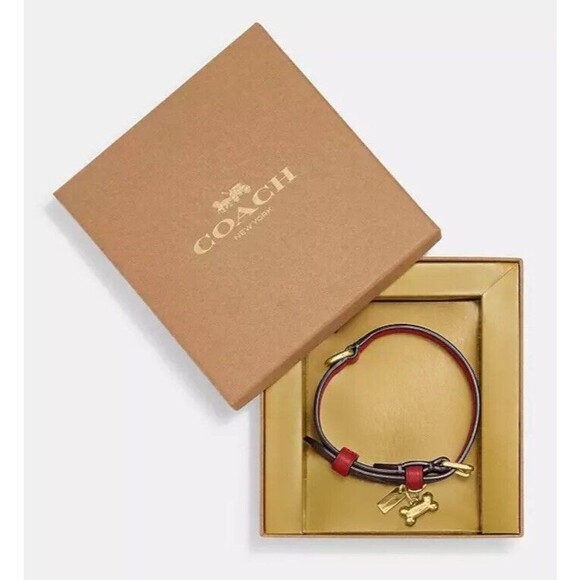 NEW Coach Signature Leather Pet Collar Small Dog Brown Black Red Bone Charm - Picture 1 of 3